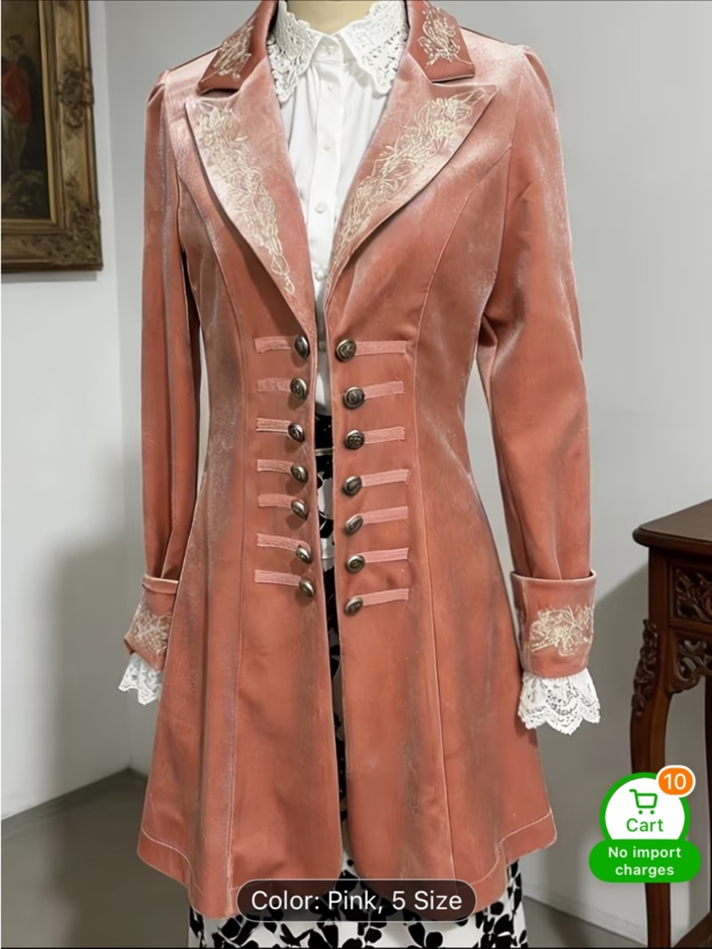 Vintage-Inspired Pink Velvet Embroidered Tailcoat Jacket - Picture 3 of 7